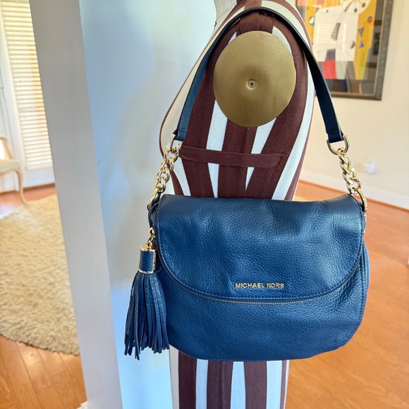 Michael Kors Bedford Tassel Leather Convertible Shoulder Crossbody Bag Blue - Picture 1 of 15
